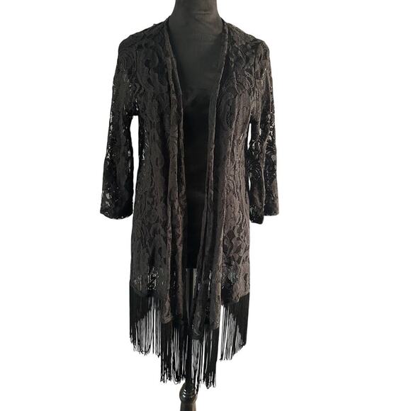 You Are Not Alone Sz Large Black Lace Fringe Hem Robe Kimono Cardigan whimsygoth - Picture 3 of 9